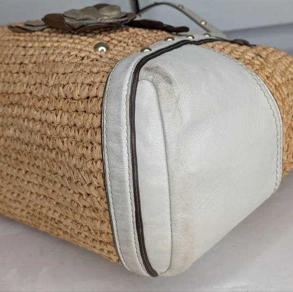 Coach Straw Tote Floral Appliqué Natalie Hampton 16763 Ivory Grey Stud Leather - Picture 11 of 16
